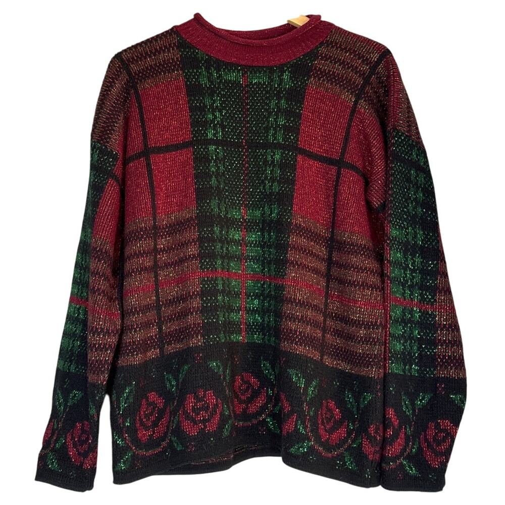 Vintage Roll Neck Plaid Holiday Christmas Sweater Women Small Oversized Metallic